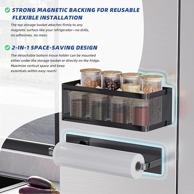 Magnetic Spice Rack for Refrigerator with Magnet Paper Towel Holder, Heavy-Duty Magnetic Shelf for Fridge, 2-in-1 Organization Shelf Sets for Kitchen, Washing Machine & Fridge Side, Black