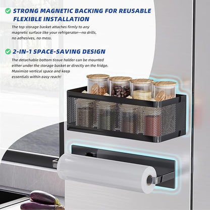 Magnetic Spice Rack for Refrigerator with Magnet Paper Towel Holder, Heavy-Duty Magnetic Shelf for Fridge, 2-in-1 Organization Shelf Sets for Kitchen, Washing Machine & Fridge Side, Black
