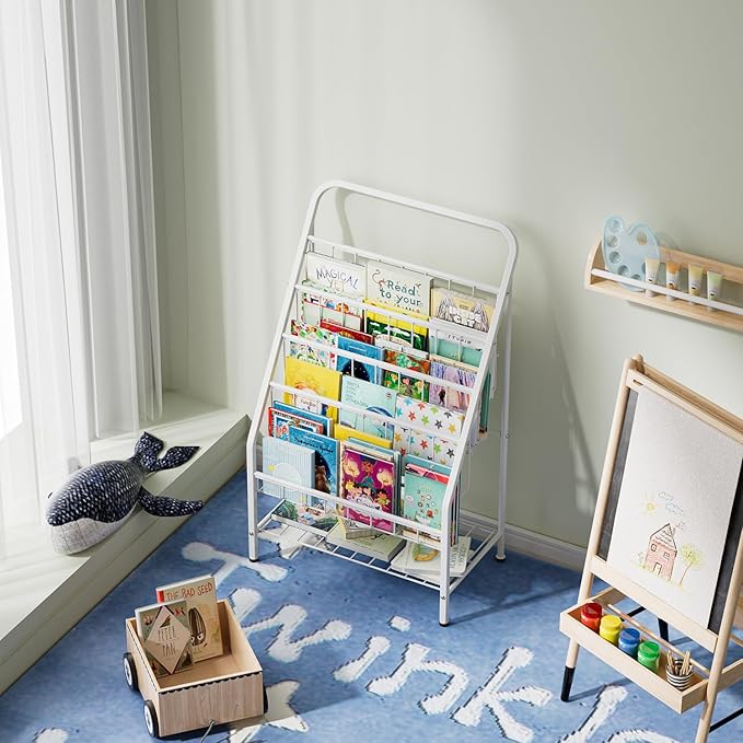 JAQ White Kids Bookshelf, 4-Tier Metal Book Display Rack for Small Spaces, Modern Toddler Bookshelf for Nursery & Playroom, Space-Saving Forward Facing Child Bookcase (28.35" Height, White)