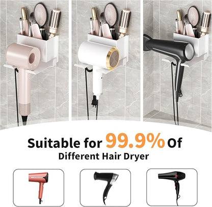 MAYZOLOP Hair Dryer Holder Wall Mounted, Hair Tools Organizer, Bathroom Space-Saving Blow Dryer Organizer Curling Irons Storage Wall Mounted White (Self-Adhesive and Drilling)
