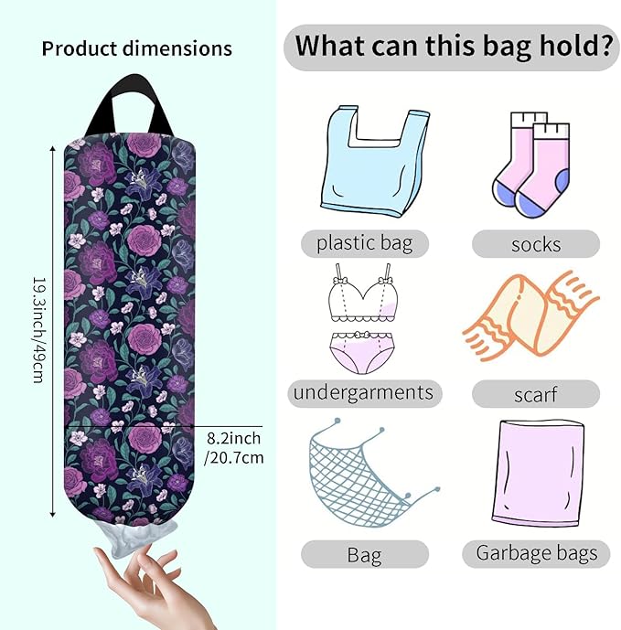 Plastic Bag Holder, Wall Mount Grocery Bag Organizer, Funny Hanging Trash Bag Storage Dispenser for Home Kitchen Luxuious Purple Floral