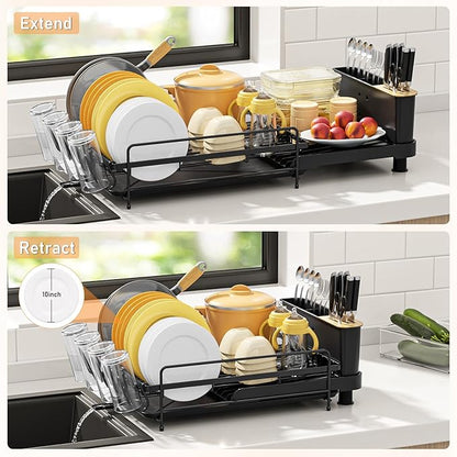 PXYHMUS Large Dish Drying Rack, Multifunctional Dish Rack for Kitchen Counter, Expandable Dish Drainers with Drainboard Utensil Holder, Cup Holder, Black