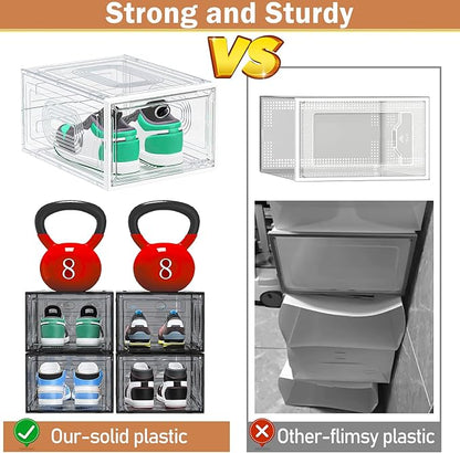 caktraie 6 Pack Thicken Shoe Organizer Stackable,Upgraded Sturdy Shoe Storage Box with Magnetic Door,Shoe Containers for Sneaker Display,White