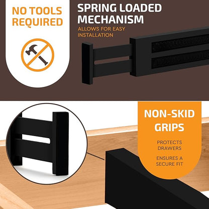6 Pack Bamboo Drawer Dividers - 17" to 21.5" Expandable Adjustable Drawer Organizer for Kitchen Utensils, Large Drawer Divider, Clothes, Dresser, Bedroom, Bathroom, Desk Drawer Separator Set (Black)
