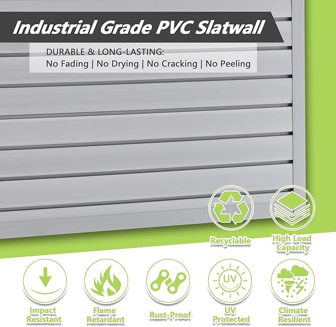 4x4 FT PVC Slatwall Panel Wall Storage Systems, Interlocking Slat Wall Paneling Garage Wall Organizer, Slat Board Wall-Mounted Slat Wall Panels for Garage Storage, Shelves, and Tools, Grey