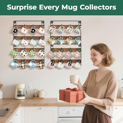 EsLuker.ly Mug Holder Hanger Rack Wall Mounted Wooden 4 Pack Coffee Cup Storage Organizer Display Shelf with 32 Removable Plastic Hooks, Ideal for Mug Collectors