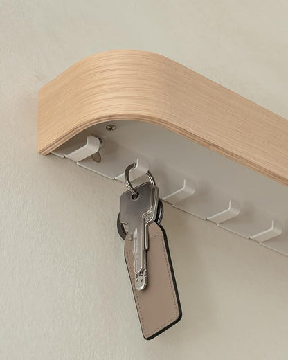 Kazai.® Key Holder 'Toke' | Minimalist Key Hook Design from Berlin | Modern Key Holder Wall Mount with Wooden Shelf | Key Rack for Wall as Entryway Organizer | Oak, White
