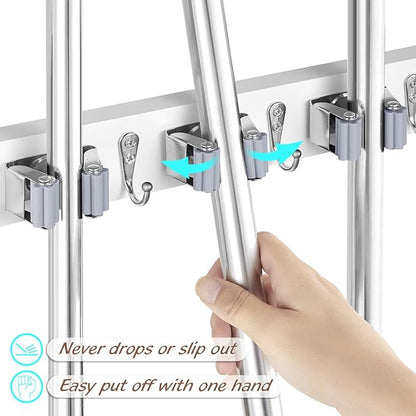 White Mop Broom Holder Wall Mount with 3 Slots & 4 Hooks - Wood Broom Mop Hanger for Pantry Kitchen Organization - Garden Tool Organizer for Closet Laundry Room