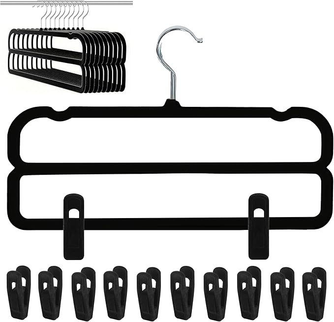 WJWSKI Velvet Pants Hangers with Double Non Slip Bar - with Adjustable Clips- Thin Space Saving Clothes Hanger - 360° Swivel Felt Trouser Hanger Perchas Terciopelo 10 Pack (Black)