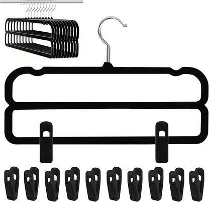 WJWSKI Velvet Pants Hangers with Double Non Slip Bar - with Adjustable Clips- Thin Space Saving Clothes Hanger - 360° Swivel Felt Trouser Hanger Perchas Terciopelo 10 Pack (Black)