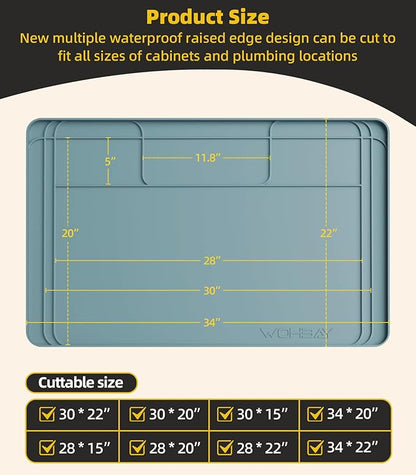 Wohbay Under Sink Mats for Kitchen Waterproof, 34" X 22" Or Smaller Cut to Fit Under Sink Drip Tray for Kitchen Bathroom Cabinets, Silicone Sink Liner Hold Up to 3.3 Gallons Liquid - Teal