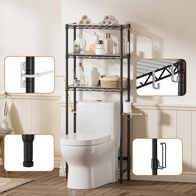 Golpart 3-Tier Over The Toilet Storage Shelf,Heavy Duty Adjustable Metal Bathroom Rack with Toilet Paper Holder & Hooks,Space-Saving Organizer for Bathroom,10”D x 24”W x 66”H,Black