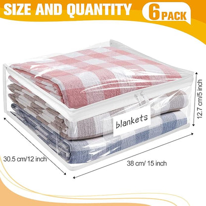 Plastic Storage Bags with Easy-Glide Zipper, Pack of 6, Durable Clear Vinyl Zippered Storage Bags for Clothes Sweaters Comforters Blankets Sheets Bedding (15 x 12 x 5 Inch)