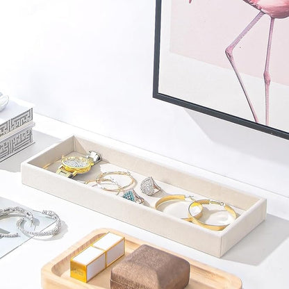 Divided Drawer Organizer Tray, Velvet Jewelry Storage Tray, Necklace Bracelet Ring Earring Display Tray,Bedside Nightstand Desk Holder Tray for Phone Watch Sunglasses Cosmetics Storage/Beige/1grid