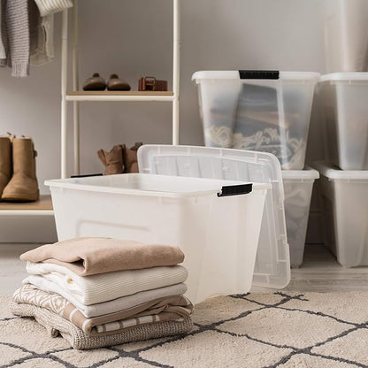 IRIS USA 54 Qt Stackable Plastic Storage Bins with Lids, 6 Pack - BPA-Free, Made in USA - Discreet Organizing Solution, Latches, Durable Nestable Containers, Secure Pull Handle - Pearl