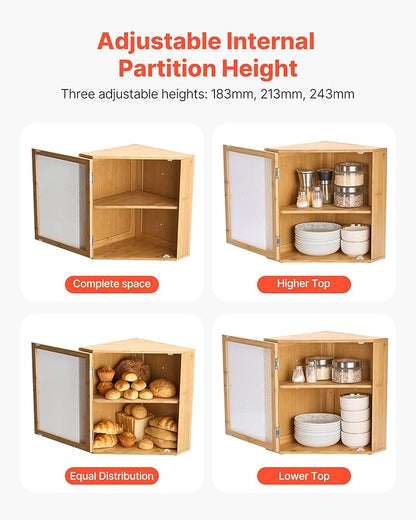 VEVOR Corner Bread Box for Kitchen Counter, Double Layer Large Capacity Bamboo Bread Storage Container, Farmhouse Wooden Breadbox for Homemade Bread, Storage Holder Bin with Acrylic Wavy Door, Natural