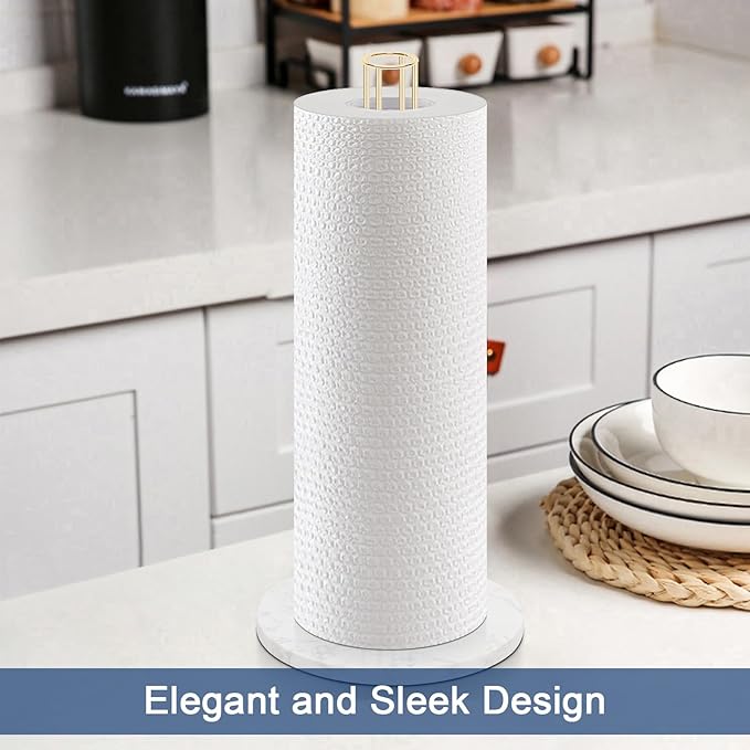 NearMoon Paper Towel Holder Countertop, Sturdy Kitchen Paper Towel Stand Dispenser-All Metal, Standard or Jumbo-Sized for Kitchen Countertop,Farmhouse, Living Room (Marble Base, Gold)