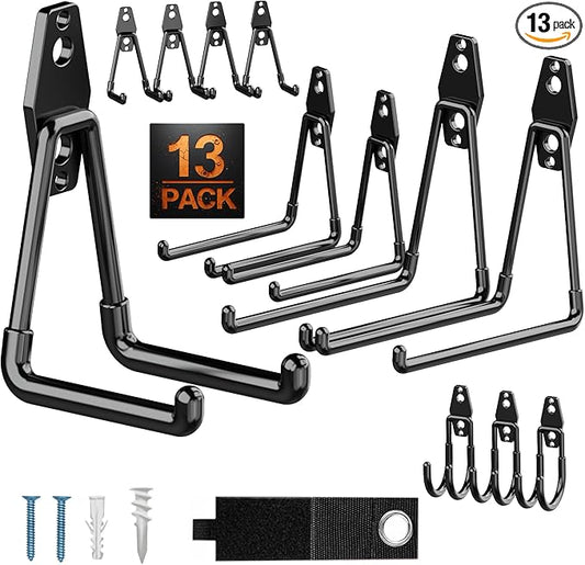 Pack 13 Garage Hooks Heavy Duty | Multi-Sized Wall-Mounted Tool Hangers with Anti-Rust PVC Coating | Heavy Duty Wall Hooks for Bikes, Ladders, Garden Tools, and More