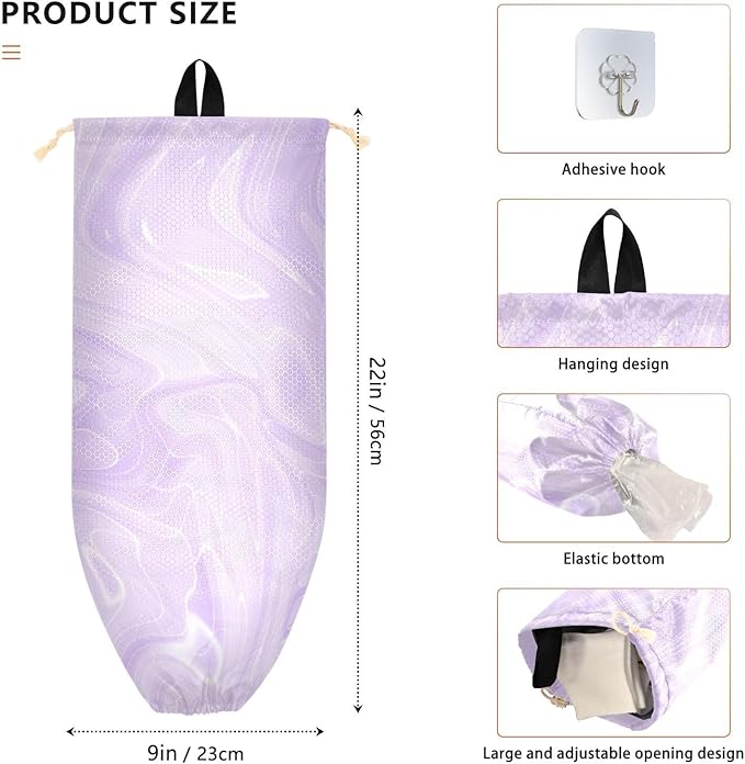 1 PC Plastic Bag Holder Wall Mount Grocery Bag Holder Shopping Bag Trash Bag Storage Organizer Dispenser for Kitchen Closet 22 x 9 Inch Marble Purple