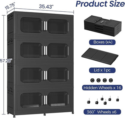 200Gal Exra Large Stackable Storage Bins with Lid, 800QT Collapsible Storage Box with 6x Wheels, Folding Plastic Cabinet Container with Door Drawer for Home Kitchen Office Dorm, 4Pack Black