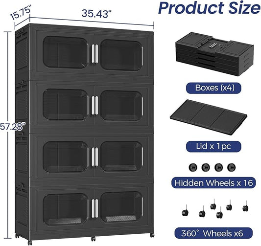 200Gal Exra Large Stackable Storage Bins with Lid, 800QT Collapsible Storage Box with 6x Wheels, Folding Plastic Cabinet Container with Door Drawer for Home Kitchen Office Dorm, 4Pack Black