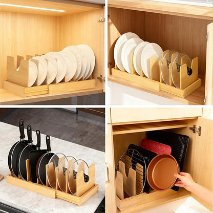 VKDDM Pots and Pans Organizer for under Cabinet - Expandable Bamboo Pot Lid Organizer, Bakeware and Cutting Board Organizers, Drawer Pot Lid Holder Rack for Kitchen Organizers and Storage