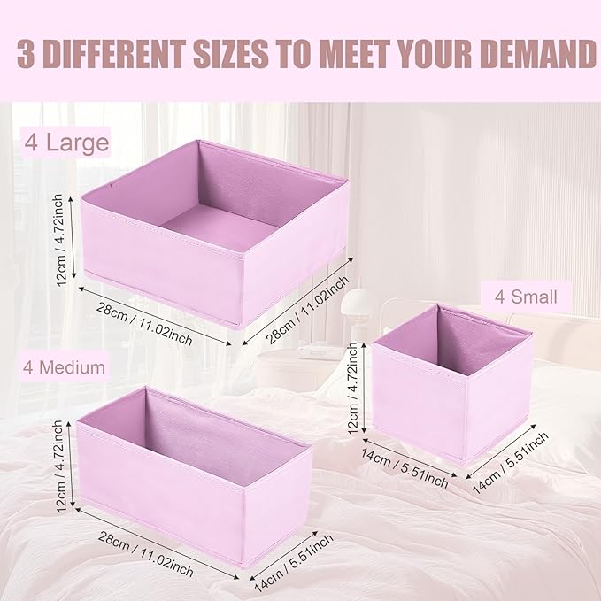 Mooisco 12 Pack Drawer Organizer Clothes, Fabric Closet Organizers and Storage, Foldable Cloth Storage Bins for Underwear Socks, Bra, Ties, Scarf, Belt, Hair Accessories, Pink