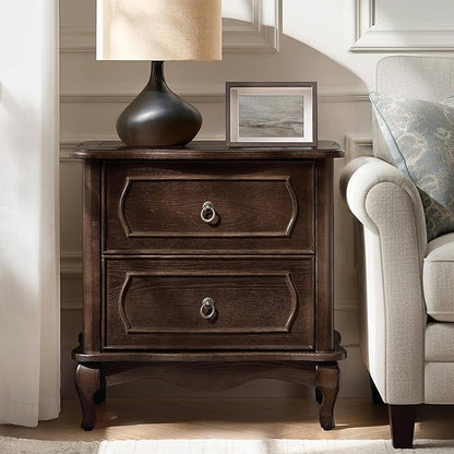 HULALA HOME Nightstand with 2 Drawers of Sculpted Drawer Front, French End Table with Curved Tabletop, Vintage Night Stand with Charging Station, Solid Wood Legs(Walnut)