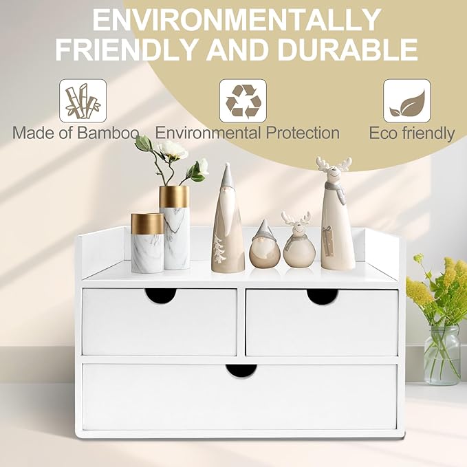 Bamboo Desk Organizer 3 Drawer with Shelf, Countertop Organizer with Drawers Makeup Storage Drawer 3 Drawers Tabletop Storage Organization Box Home Office Workspace（White）