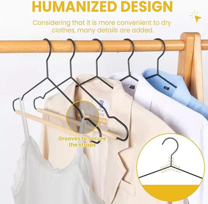 Jiang&Rong 20 Pack Black Wire Hangers, Suit Hangers with Smooth Beech Wood Pants Bar, Heavy Duty Metal Hanger for Closet, Dress, Pants, Sweater, Jacket