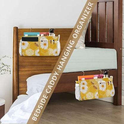 CuwrYet Bedside Caddy Hanging Bunk Bed Caddy Bed Organizer Hanging Pocket with 2 Hooks Bedside Storage Organizer Pocket Bag Holder Yellow Honeycomb Bee Daisy