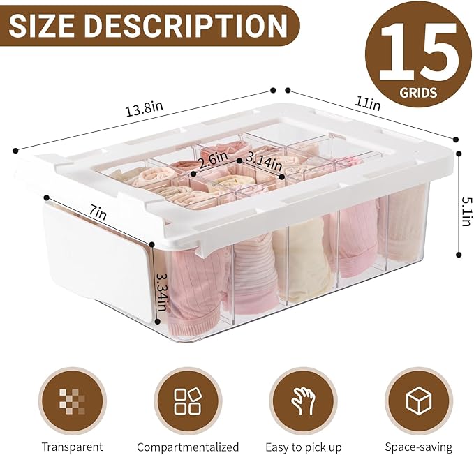 CISIREE Pull Out Sock Organizer for Closet, 15 Cells Detachable Underwear Drawer Organizer with Slide Rail, Clear Women Drawer Storage for Underwear, Socks, Ties, Belts, Scarf