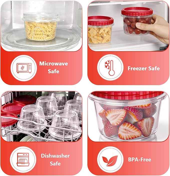 Slomg 10 Pack 16 oz Freezer Storage Containers with Red Twist Top Lids, Small Plastic Food Storage Soup Meal Prep Containers, Leakproof Overnight Quart Containers for Lunch Leftover Fruit Salad Oat