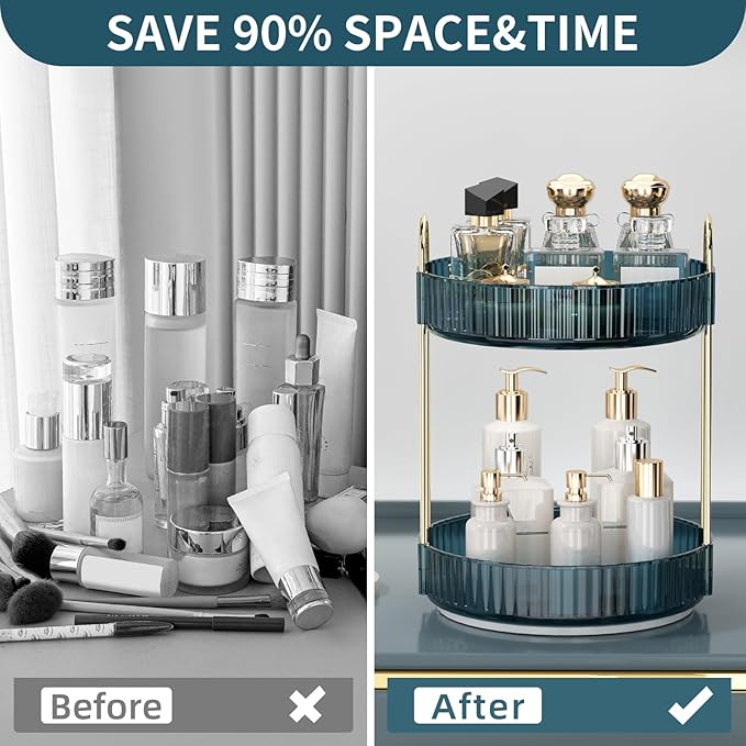 Weidace 360 Rotating Makeup Organizer for Vanity, Bathroom Countertop Organizer Spinning Perfume Organizer, High-Capacity Cosmetic and Skincare Dresser Make Up Holder Rack (2 Tiers, Blue)