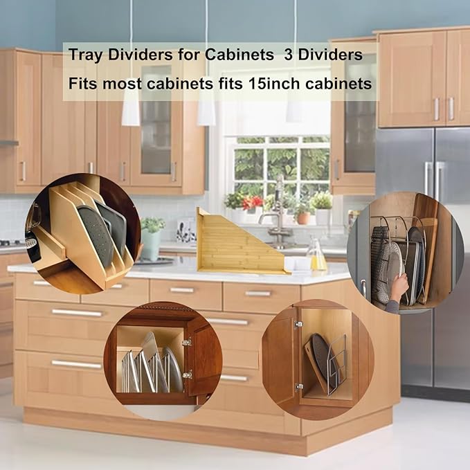 Wooden Tray Dividers for Kitchen Cabinet, 15.5" H x12" W x22.5" D, Cabinet Tray Dividers, for Cookie Sheets, Cutting Board, Baking Trays, Racks Lids, Pans, for Organizing Cabinets, 5 Years Warranty