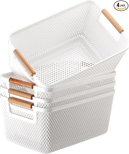 Tioncy 4 Pcs White Mesh Baskets with Wooden Handles Plastic Storage Organizer Baskets Pantry Basket Fruit Vegetables Gathering Basket Bin for Organizing Cabinet Closet Bedroom Kitchen(Medium)