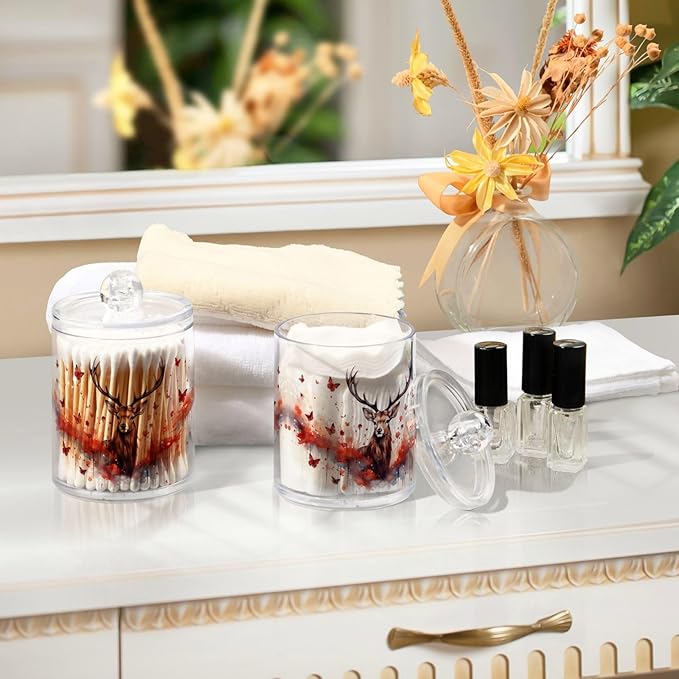 MNSRUU 4 Pack Qtip Holder Organizer Dispenser Deer Butterflies Pink Bathroom Storage Canister Cotton Ball Holder Bathroom Containers for Cotton Swabs/Pads/Floss