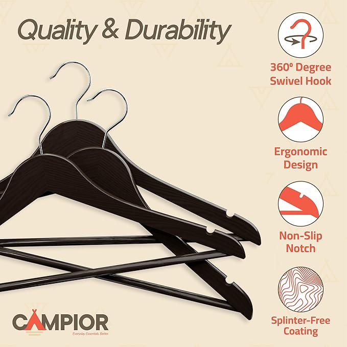 Brown Wooden Hangers 5 Pack – Heavy-Duty with 360° Swivel Hook, Non-Slip, Pants Bar & Shoulder Grooves - Wooden Hangers for Suits, Jackets, Dresses & Camisoles, Space-Saving and Smooth Finish