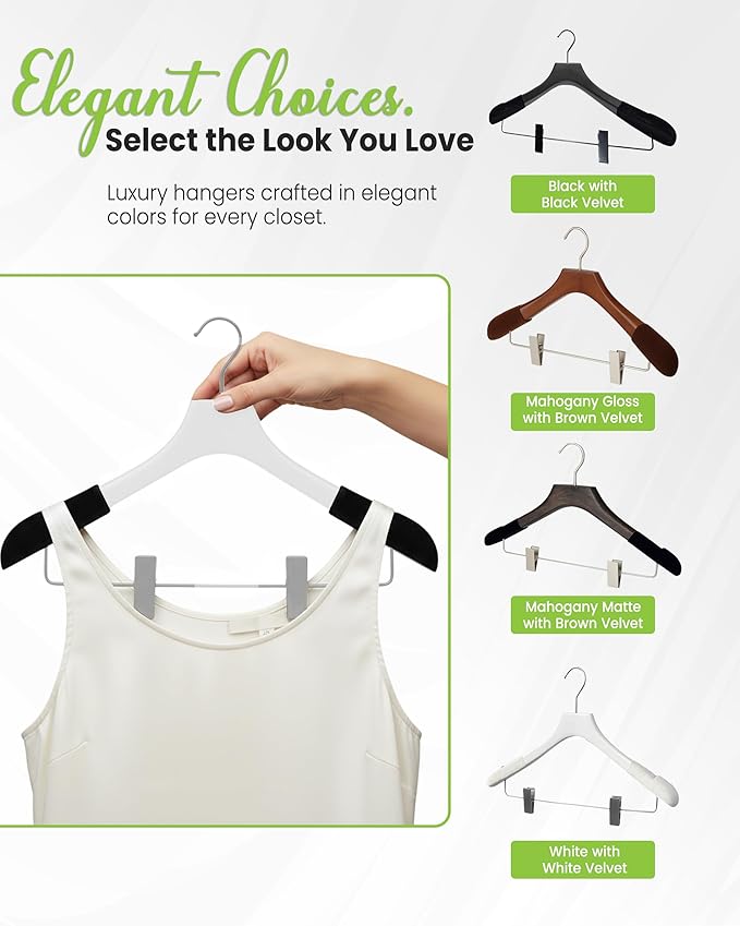 All Hung Up Hangers - Wooden Hangers with Clips for Women, Solid Wood Skirt & Suit Hangers, Heavy-Duty Adjustable Non-Slip Design with Velvet Grip, White with Black Velvet, 12 pcs