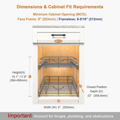 ALINE FURNITURE 2-Tier Pull Out Cabinet Organizer - 8" W x 22" D Soft Close Sliding Shelves with Shelf Liners - Pullout Drawers for Kitchen Cabinets, Pantry, Bathroom, Heavy Duty Steel Wire Baskets