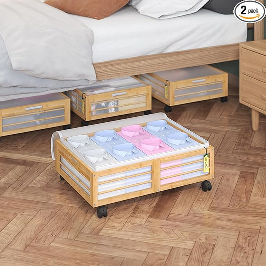 Bamboonova Bamboo Underbed Storage Containers with Wheels & Bag 2 Pack, Large Under Bed Rolling Storage Bins Wood Under Bed Clothes Storage Stackable Drawers for Bedroom Closet Under Crib Toy(Natural)