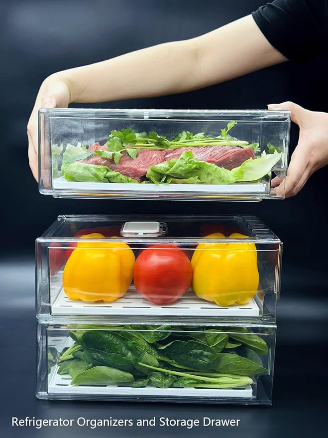 Femoliyes Refrigerator Organizers and Storage Drawer, Stackable Fruit Storage Containers for Fridge, Reusable Fridge Organizer fit for Kitchen Refrigerator and Restaurant Freezer (2 Drawers, Medium)