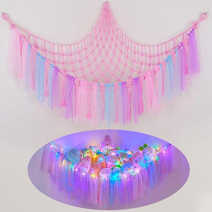 FIOBEE Stuffed Animals Net or Hammock with LED Light, Toy Hammock Hanging Stuffed Animals Storage Organizer Holder Room Décor for Nursery Kids Bedroom