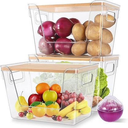 4 Set Pantry Organizers and Potato Onion Storage Bins, Stackable Kitchen Counter Cabinet Basket for Produce, Fruit, Vegetable, Snack Storage, Laundry Organizer Trash Bag Holder with Bamboo Lid