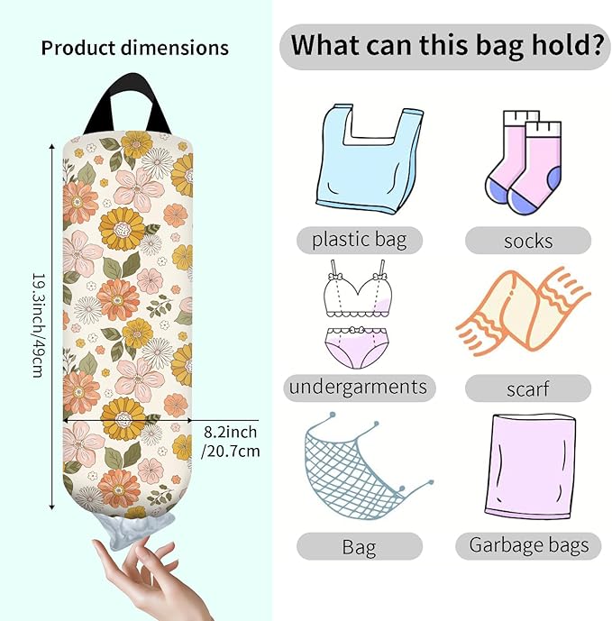 Plastic Bag Holder, Wall Mount Grocery Bag Organizer, Funny Hanging Trash Bag Storage Dispenser for Home Kitchen Cute Colorful Floral