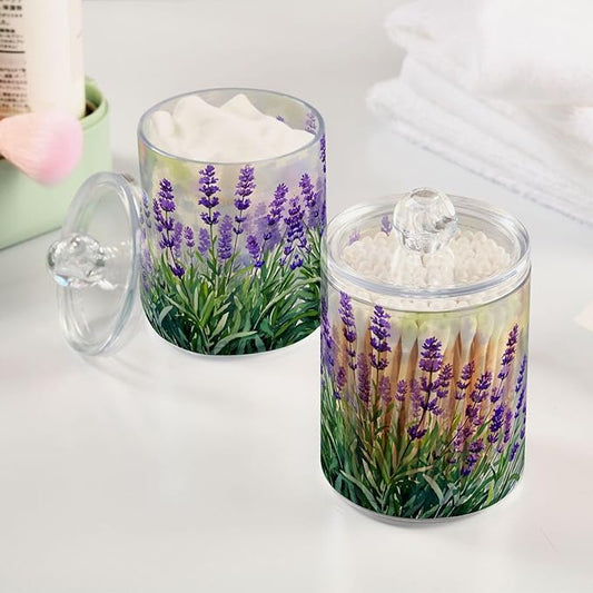 MNSRUU 4 Pack Qtip Holder Organizer Dispenser Lavender Bathroom Storage Canister Cotton Ball Holder Bathroom Containers for Cotton Swabs/Pads/Floss