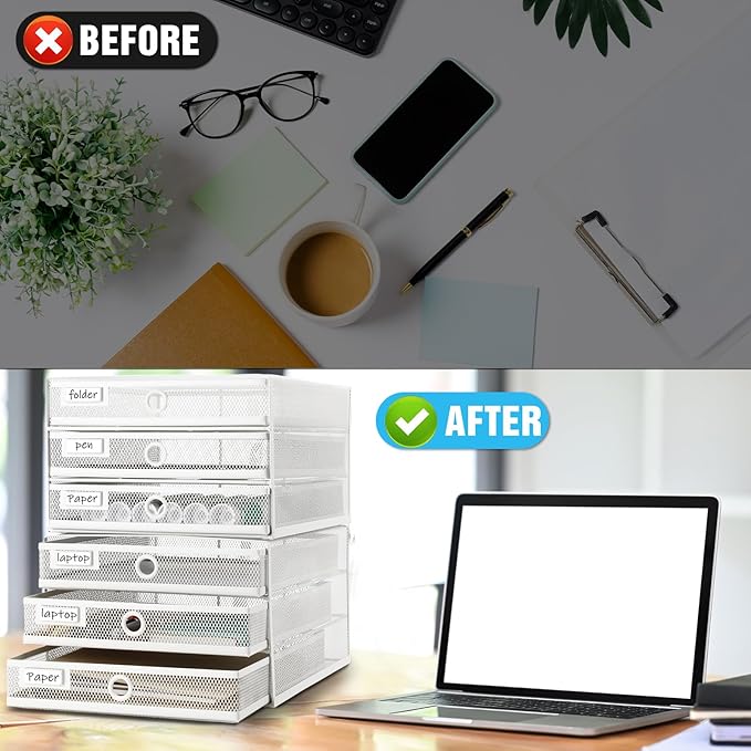 Zhanmai 2 Pack White Desk Organizer with Drawer Total Wire Mesh Storage Tray Multifunctional Paper Sorter File Stand for Home Office Supplies Letter A4 Paper Office Accessories Back to School (3 Tier)