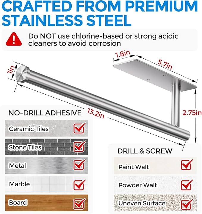 zaa Paper Towel Holder - 2 Pack Under Cabinet Paper Towel Holder, Fits Mega Paper Towel Rolls, Wall Mount Rack for Kitchen, Bathroom, RV, Adhesive or Screw Installation, Silver