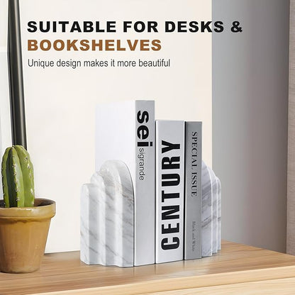 Natural Marble Book Ends - Heavy Duty Bookends for Shelves - Aesthetic Layered Arch Design Stone Book Holders, Modern Office Bookshelf Stopper Decor for Books/CDs (Volakas)