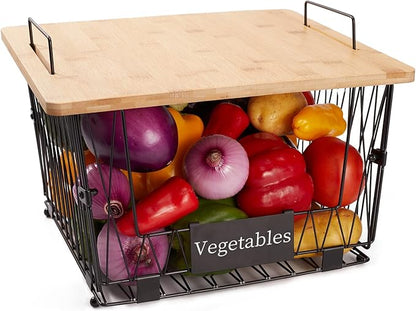 1 Pack Stackable Wire Storage Baskets with Wood Lid- Pantry Cabinet Organization, Kitchen Counter Basket for Fruit Vegetable -Large Metal Bin for Pantry Organization and Storage, Black